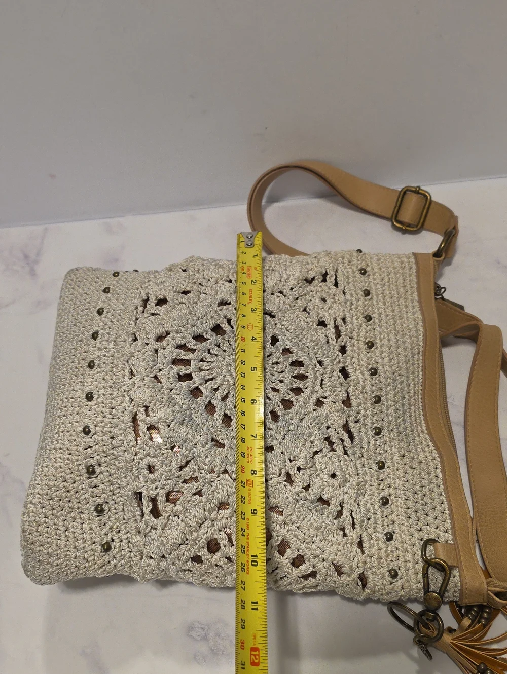 The Sak Crochet Pattern Crossbody Bag with Tan Trim